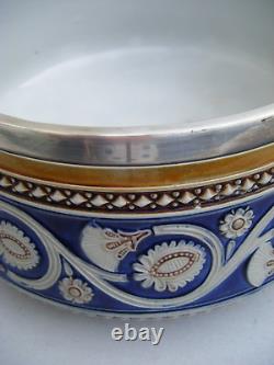 Antique Majolica Bowl Salad Art Nouveau Silver Plated Rim Blue Cream Brown