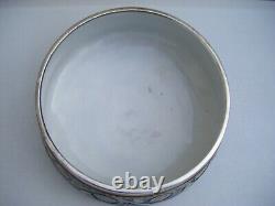 Antique Majolica Bowl Salad Art Nouveau Silver Plated Rim Blue Cream Brown
