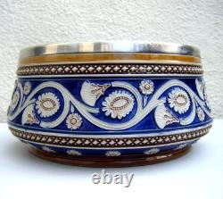 Antique Majolica Bowl Salad Art Nouveau Silver Plated Rim Blue Cream Brown