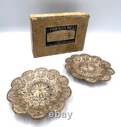 Antique Maltese Silver Pair Filigree Dishes Plates FRANCIS MELI Original Box