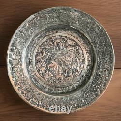 Antique Middle East Engraved Silvered Copper Plate / Tray 8