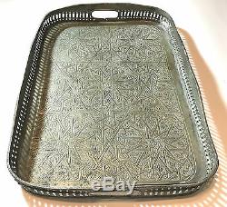 Antique Moroccan Fez Islamic Arabic Geometric Silver Plated Brass Tray Signed