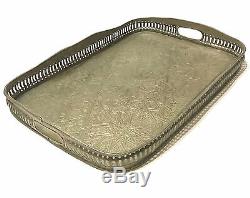 Antique Moroccan Fez Islamic Arabic Geometric Silver Plated Brass Tray Signed