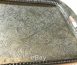 Antique Moroccan Fez Islamic Arabic Geometric Silver Plated Brass Tray Signed