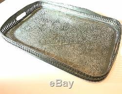 Antique Moroccan Fez Islamic Arabic Geometric Silver Plated Brass Tray Signed