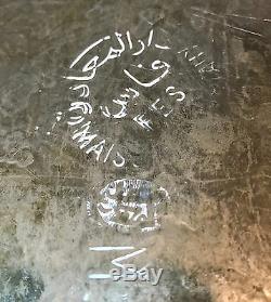 Antique Moroccan Fez Islamic Arabic Geometric Silver Plated Brass Tray Signed