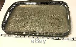 Antique Moroccan Fez Islamic Arabic Geometric Silver Plated Brass Tray Signed