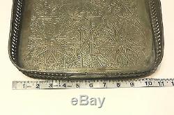 Antique Moroccan Fez Islamic Arabic Geometric Silver Plated Brass Tray Signed