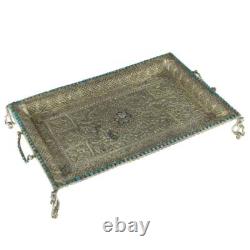 Antique Mughal Silver Gilt Betel Pandan Tray, Turquoise Stones, India 1750