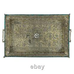 Antique Mughal Silver Gilt Betel Pandan Tray, Turquoise Stones, India 1750