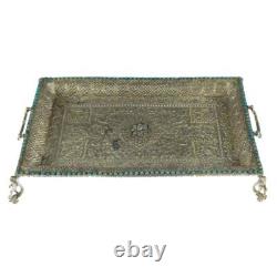 Antique Mughal Silver Gilt Betel Pandan Tray, Turquoise Stones, India 1750