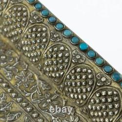 Antique Mughal Silver Gilt Betel Pandan Tray, Turquoise Stones, India 1750