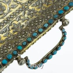 Antique Mughal Silver Gilt Betel Pandan Tray, Turquoise Stones, India 1750