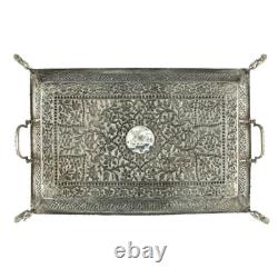 Antique Mughal Silver Gilt Betel Pandan Tray, Turquoise Stones, India 1750