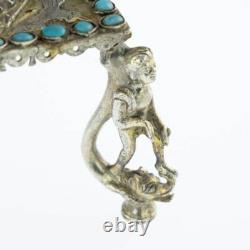 Antique Mughal Silver Gilt Betel Pandan Tray, Turquoise Stones, India 1750