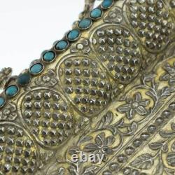 Antique Mughal Silver Gilt Betel Pandan Tray, Turquoise Stones, India 1750