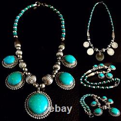 Antique Natural African Turquoise Stone Silver Plated Necklace (10/26cm, 58.2g)