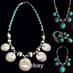 Antique Natural African Turquoise Stone Silver Plated Necklace (10/26cm, 58.2g)