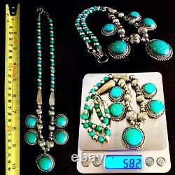 Antique Natural African Turquoise Stone Silver Plated Necklace (10/26cm, 58.2g)