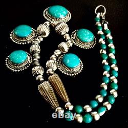 Antique Natural African Turquoise Stone Silver Plated Necklace (10/26cm, 58.2g)
