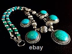 Antique Natural African Turquoise Stone Silver Plated Necklace (10/26cm, 58.2g)