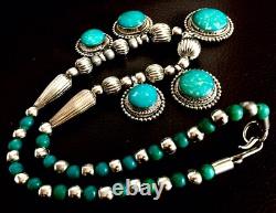 Antique Natural African Turquoise Stone Silver Plated Necklace (10/26cm, 58.2g)