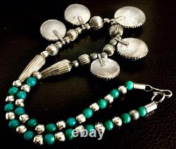Antique Natural African Turquoise Stone Silver Plated Necklace (10/26cm, 58.2g)