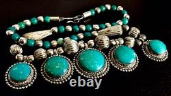Antique Natural African Turquoise Stone Silver Plated Necklace (10/26cm, 58.2g)