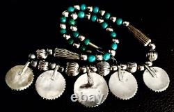Antique Natural African Turquoise Stone Silver Plated Necklace (10/26cm, 58.2g)