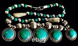 Antique Natural African Turquoise Stone Silver Plated Necklace (10/26cm, 58.2g)