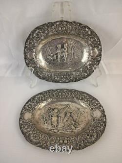 Antique ORNATE 19c GERMAN. 800 SILVER FIGURAL REPOUSSE Chargers Trays Plates