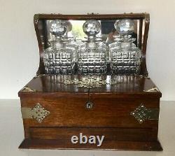 Antique Oak Games Tantalus 3 Cut Glass Decanters Silver Plate Fixings