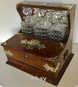 Antique Oak Games Tantalus 3 Cut Glass Decanters Silver Plate Fixings