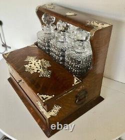 Antique Oak Games Tantalus 3 Cut Glass Decanters Silver Plate Fixings