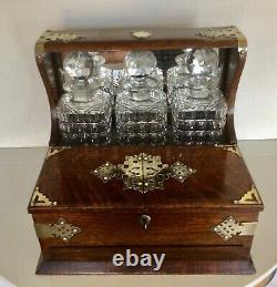 Antique Oak Games Tantalus 3 Cut Glass Decanters Silver Plate Fixings