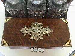 Antique Oak Games Tantalus 3 Cut Glass Decanters Silver Plate Fixings