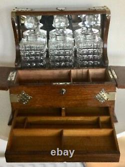 Antique Oak Games Tantalus 3 Cut Glass Decanters Silver Plate Fixings