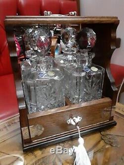 Antique Oak Locking Tantalus Bohemia Lead Crystal Decanters Silver Plate Mirror