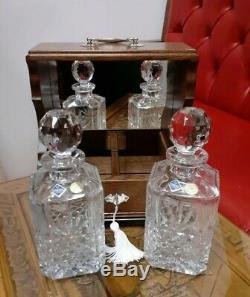 Antique Oak Locking Tantalus Bohemia Lead Crystal Decanters Silver Plate Mirror