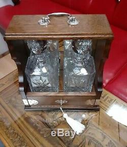 Antique Oak Locking Tantalus Bohemia Lead Crystal Decanters Silver Plate Mirror