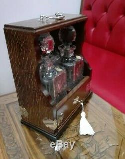 Antique Oak Locking Tantalus Bohemia Lead Crystal Decanters Silver Plate Mirror