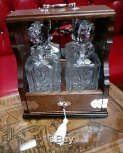 Antique Oak Locking Tantalus Bohemia Lead Crystal Decanters Silver Plate Mirror