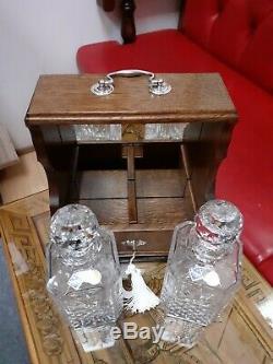 Antique Oak Locking Tantalus Bohemia Lead Crystal Decanters Silver Plate Mirror