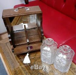 Antique Oak Locking Tantalus Bohemia Lead Crystal Decanters Silver Plate Mirror