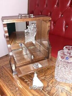 Antique Oak Locking Tantalus Bohemia Lead Crystal Decanters Silver Plate Mirror