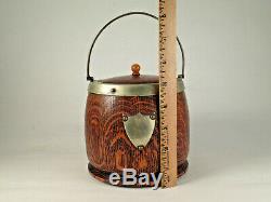 Antique Oak Wood Biscuit Barrel Jar, Porcelain Liner, Epns Silver Plate, England