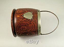 Antique Oak Wood Biscuit Barrel Jar, Porcelain Liner, Epns Silver Plate, England