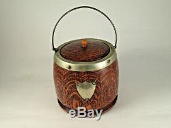 Antique Oak Wood Biscuit Barrel Jar, Porcelain Liner, Epns Silver Plate, England