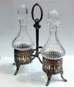 Antique Oil and Vinegar Set/Dispensers silver plated metal, original glasses