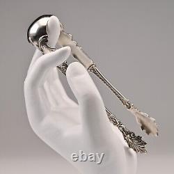Antique Original Vintage Sterling Silver Repousse Serving Plate Sugar Cube Tongs